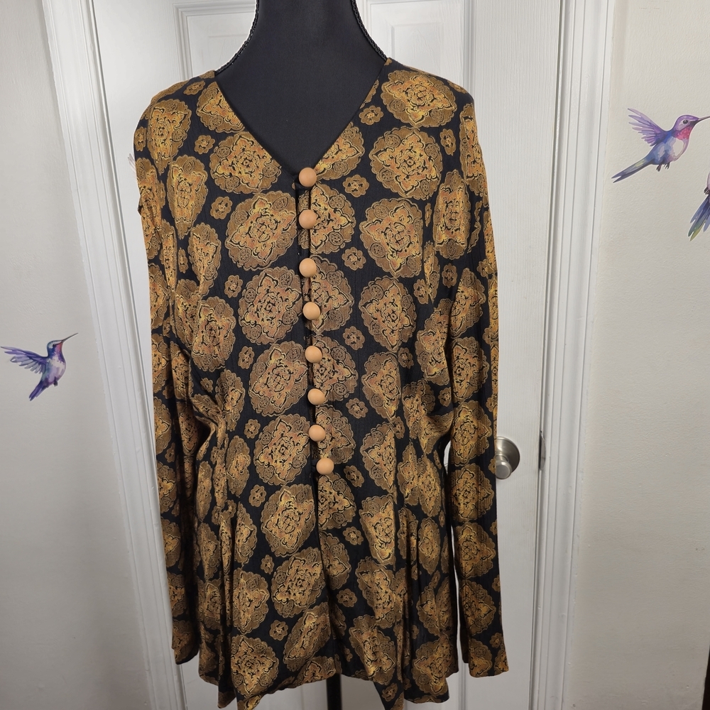 Vintage MSXY Gold Tapestry Blouse Black Metallic Geometric Circle Print Top L - Picture 5 of 6